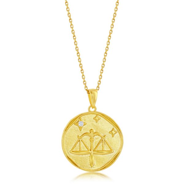 Sterling Silver 'LIBRA' CZ Zodiac Circle Pendant w/Chain - Gold Plated