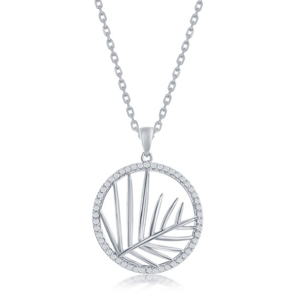 Sterling Silver Round CZ Outline w/ Center Cut-Out Leaf Pendant