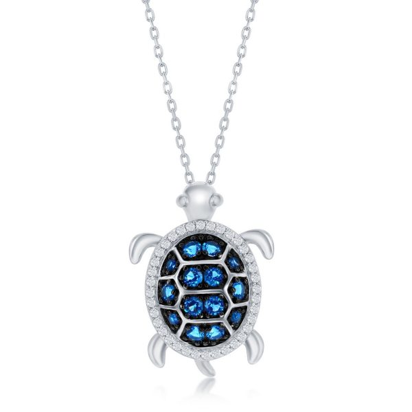 Sterling Silver Blue Spinel and White CZ Turtle Necklace