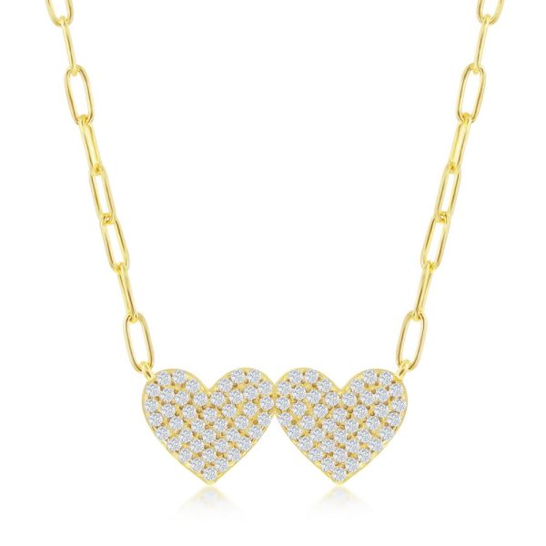 Sterling Silver Double Heart CZ Paperclip Necklace - Gold Plated