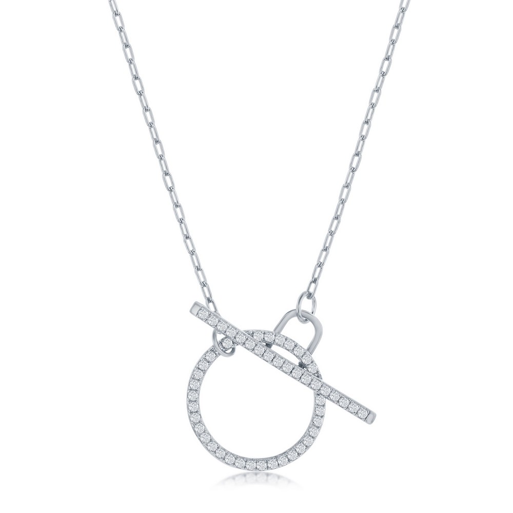 Sterling Silver, Paperclip CZ Circle Toggle Necklace
