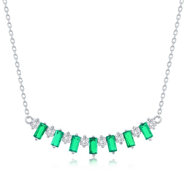 Sterling Silver Baguette CZ Bar Necklace - Emerald