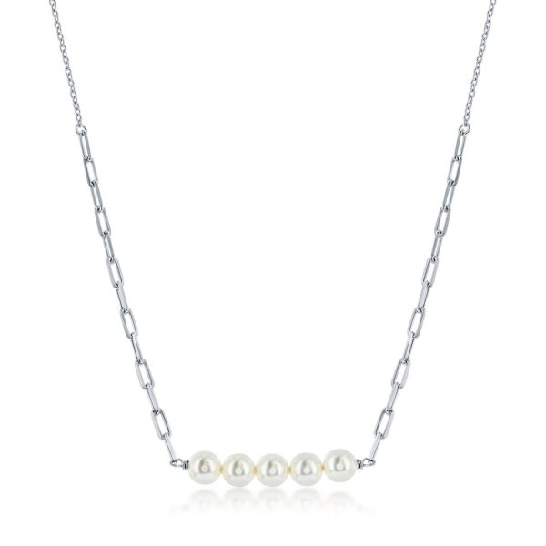Sterling Silver Round White Simulated Pearl Bar, Paperclip Necklace
