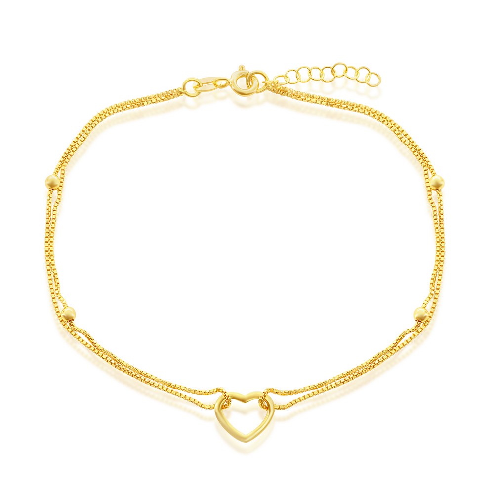 Sterling Silver, Double Strand Open Heart Anklet - Gold Plated