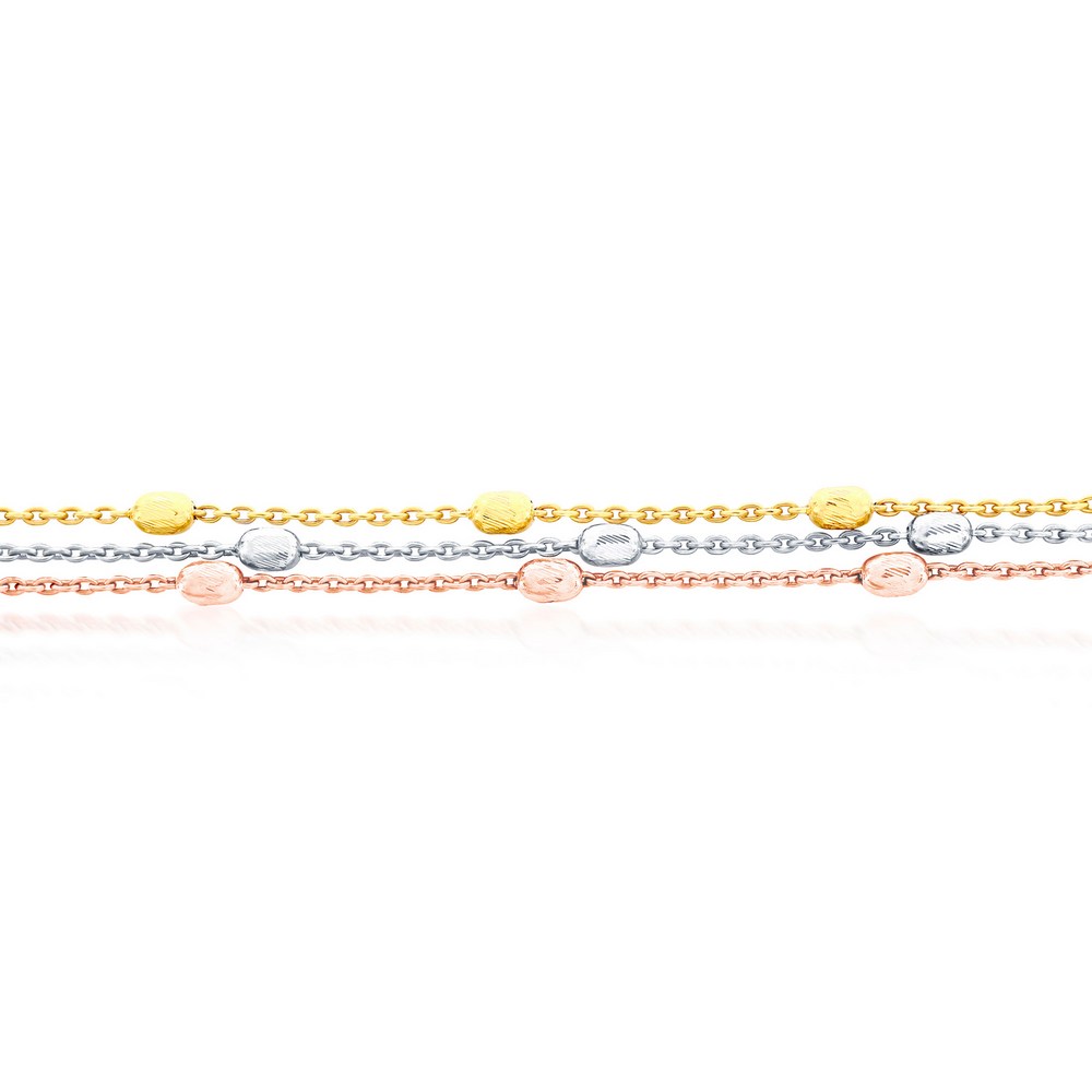 Sterling Silver Triple Strand Oval Diamond-Cut Beaded Anklet - Tri Color