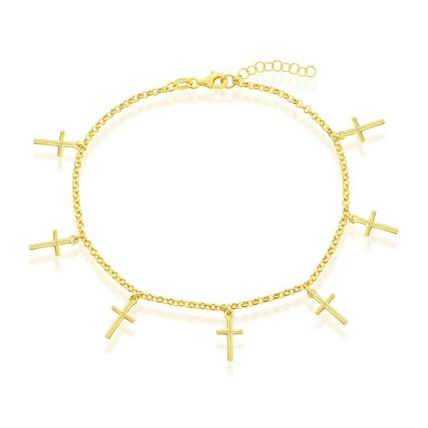 Sterling Silver, Cross Charms Rolo Chain Anklet - Gold Plated