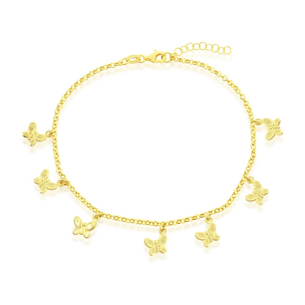 Sterling Silver, Butterfly Charm Rolo Chain Anklet - Gold Plated