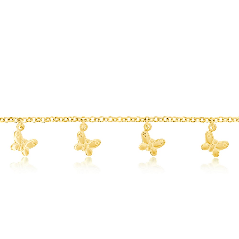 Sterling Silver, Butterfly Charm Rolo Chain Anklet - Gold Plated