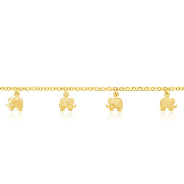 Sterling Silver, Elephant Charm Rolo Chain Anklet - Gold Plated