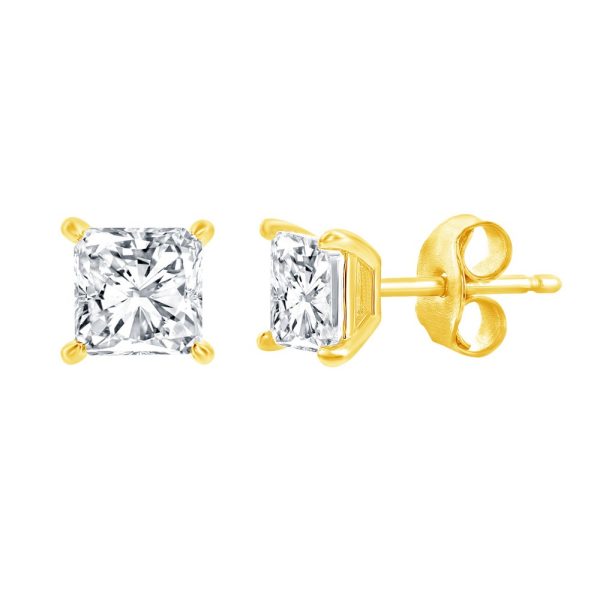 Sterling Silver, Solitaire 6mm Princess-Cut CZ, Necklace & Earrings Set - Gold Plated