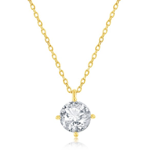 Sterling Silver, 5mm Round CZ, Solitaire Necklace & Earrings Set - Gold Plated