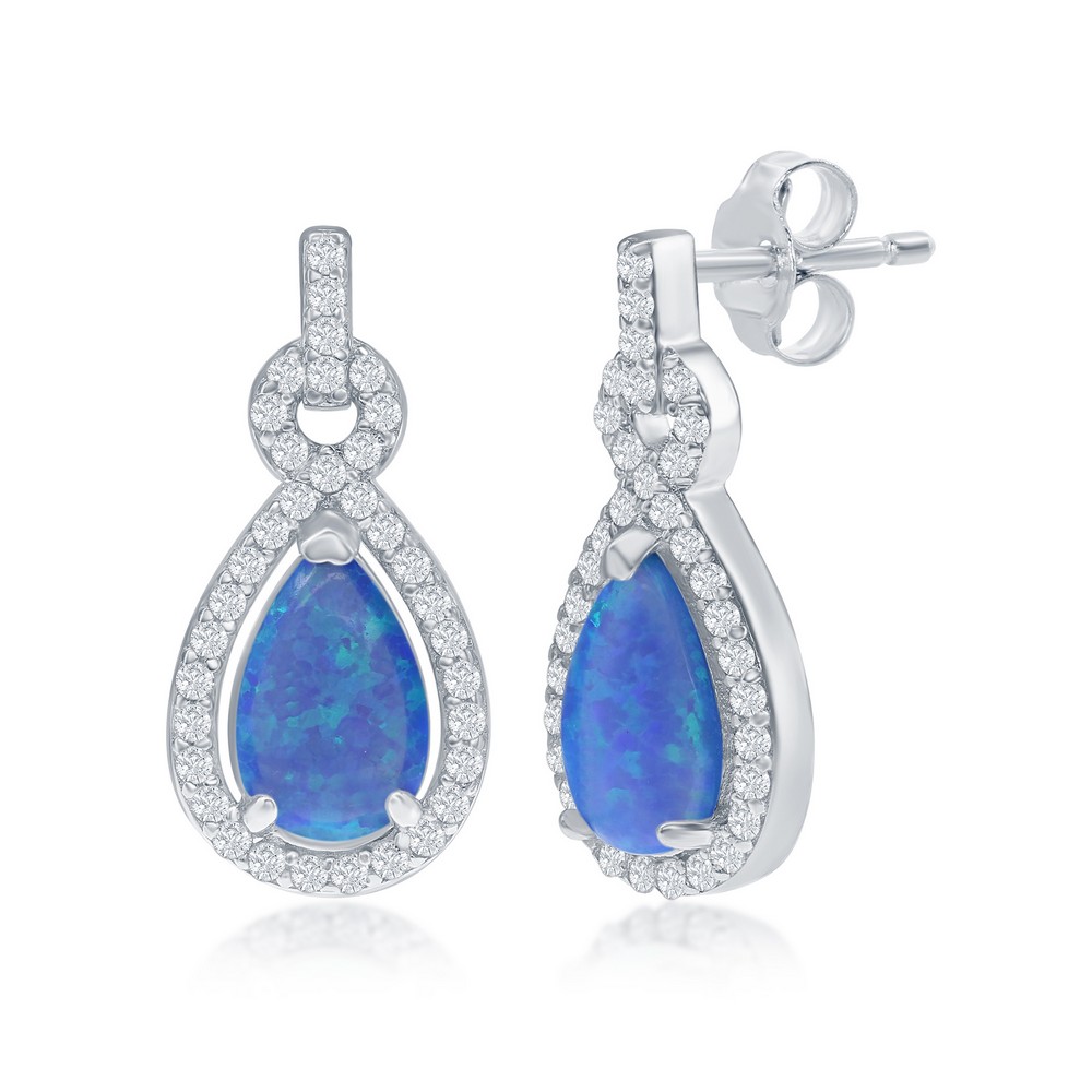 Sterling Silver, Blue Opal Pearshaped with CZ Border Earrings