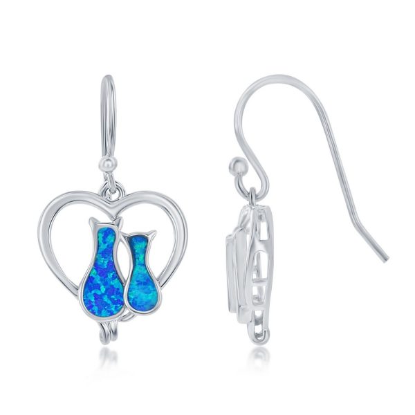Sterling Silver Blue Opal Cats in a Heart Earrings