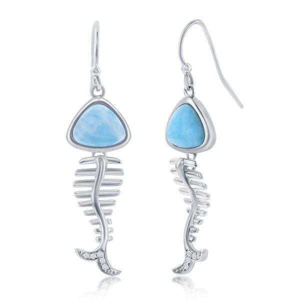 Sterling Silver, Larimar & CZ Fish Skeleton Earrings