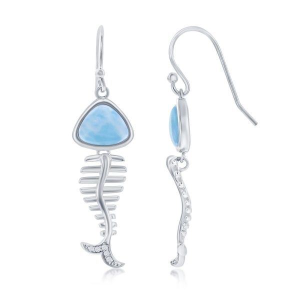 Sterling Silver, Larimar & CZ Fish Skeleton Earrings
