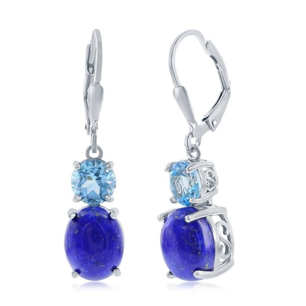 Sterling Silver, Oval Lapis & Round Gem Earrings - Blue Topaz