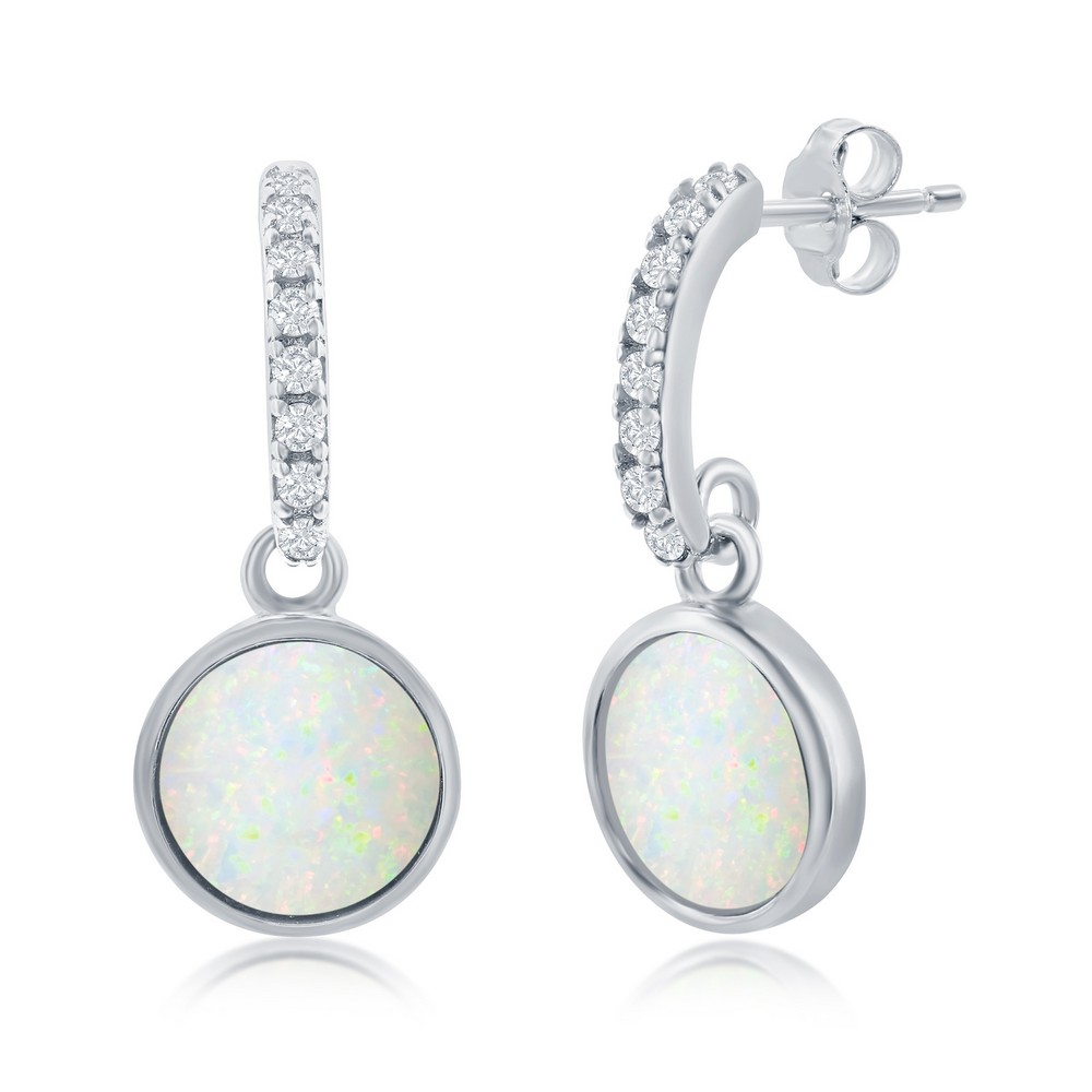 Sterling Silver, Round White Opal with CZ Earrings