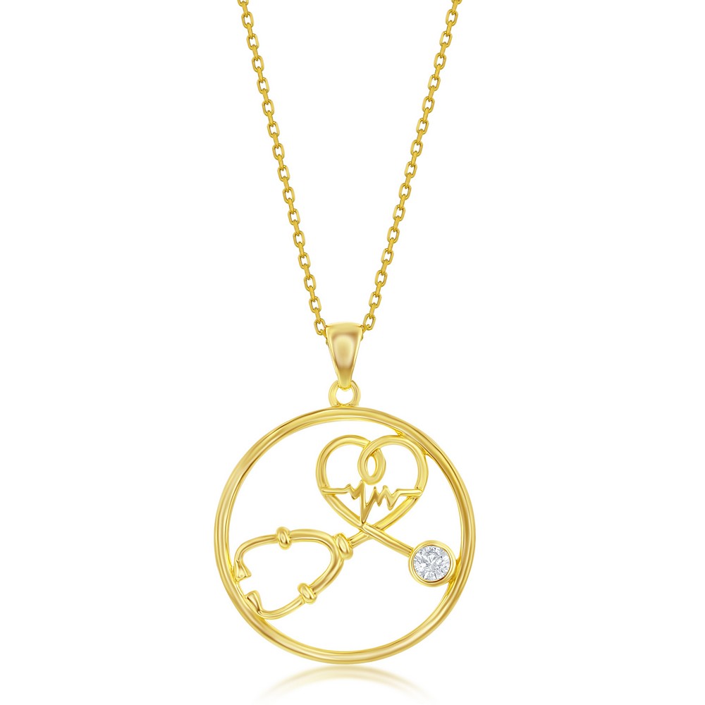 Sterling Silver, CZ Stethoscope Heartbeat Pendant - Gold Plated