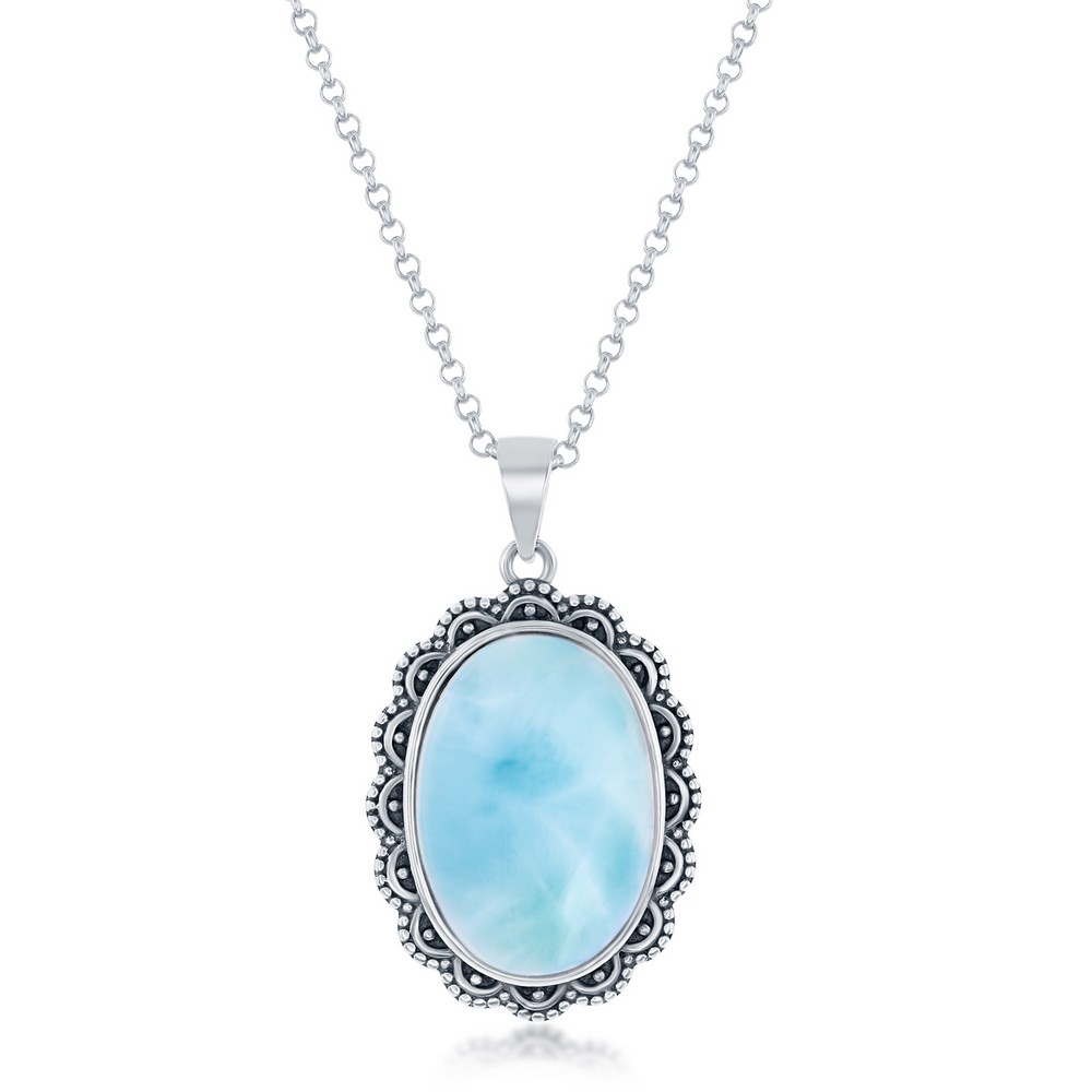 Sterling Silver, Oval Larimar Filigree Design Oxidized Pendant