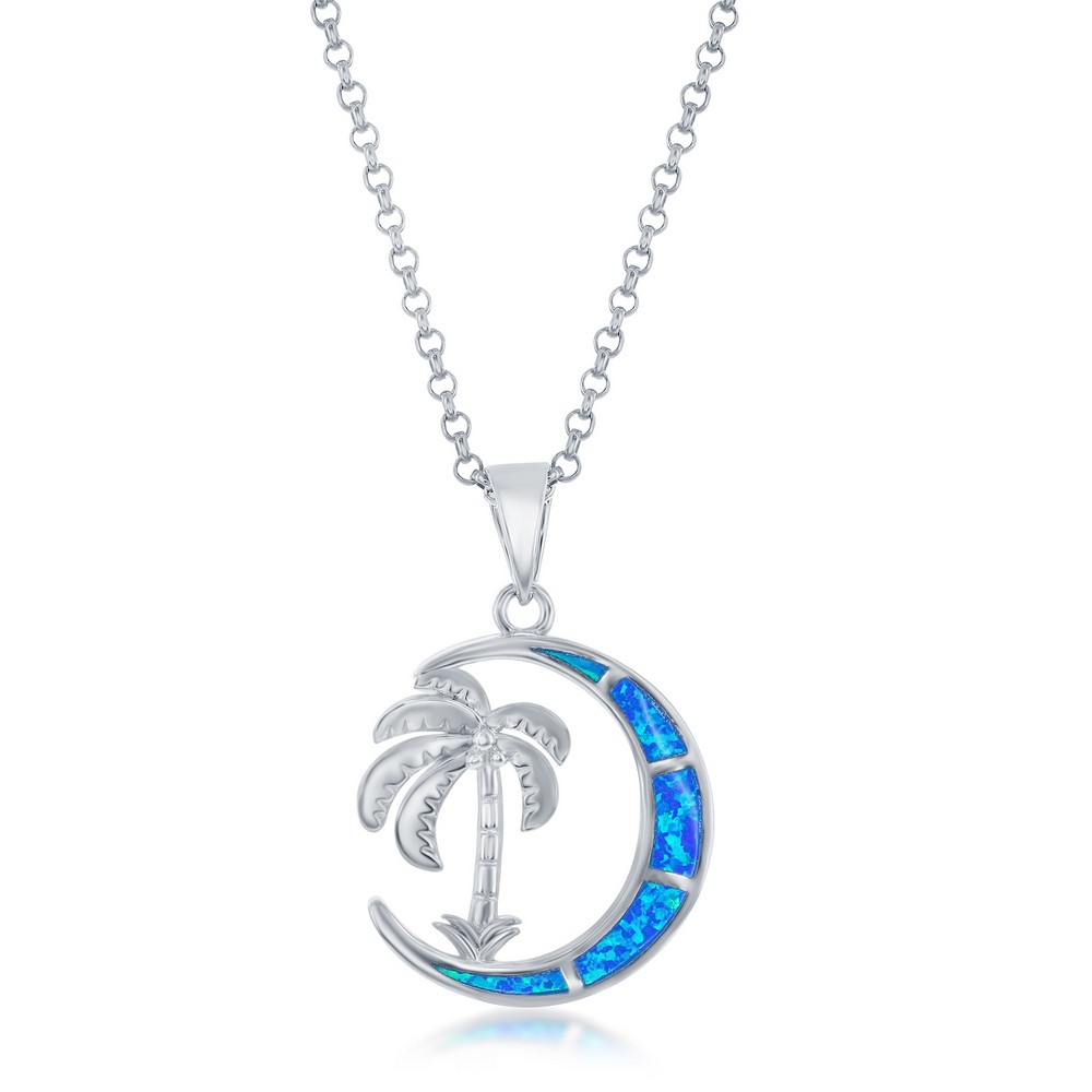 Sterling Silver, Palm Tree Blue Opal Crescent Moon Pendant