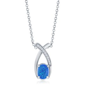 Sterling Silver, Oval Blue Opal with CZ Pendant