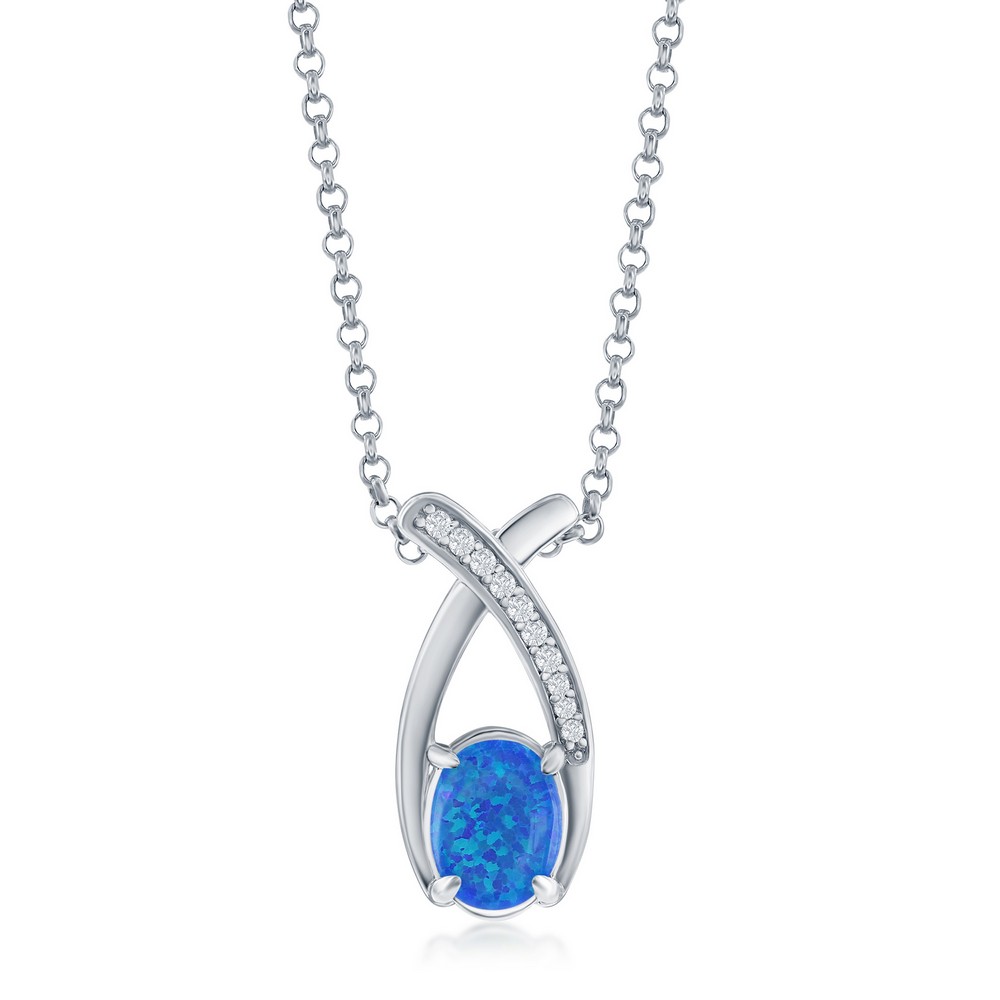 Sterling Silver, Oval Blue Opal with CZ Pendant