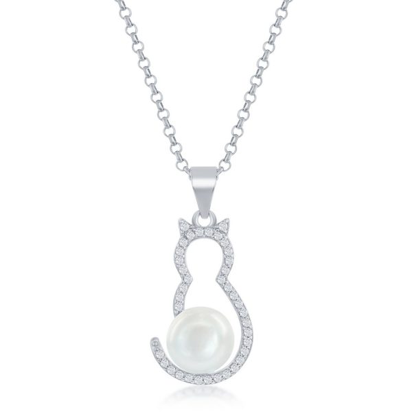 Sterling Silver CZ Cat with Round Pearl Pendant