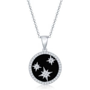 Sterling Silver, CZ North Stars Round Onyx Pendant