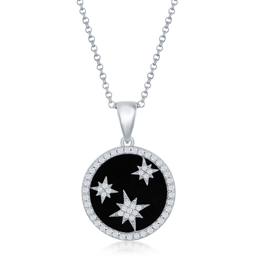 Sterling Silver, CZ North Stars Round Onyx Pendant