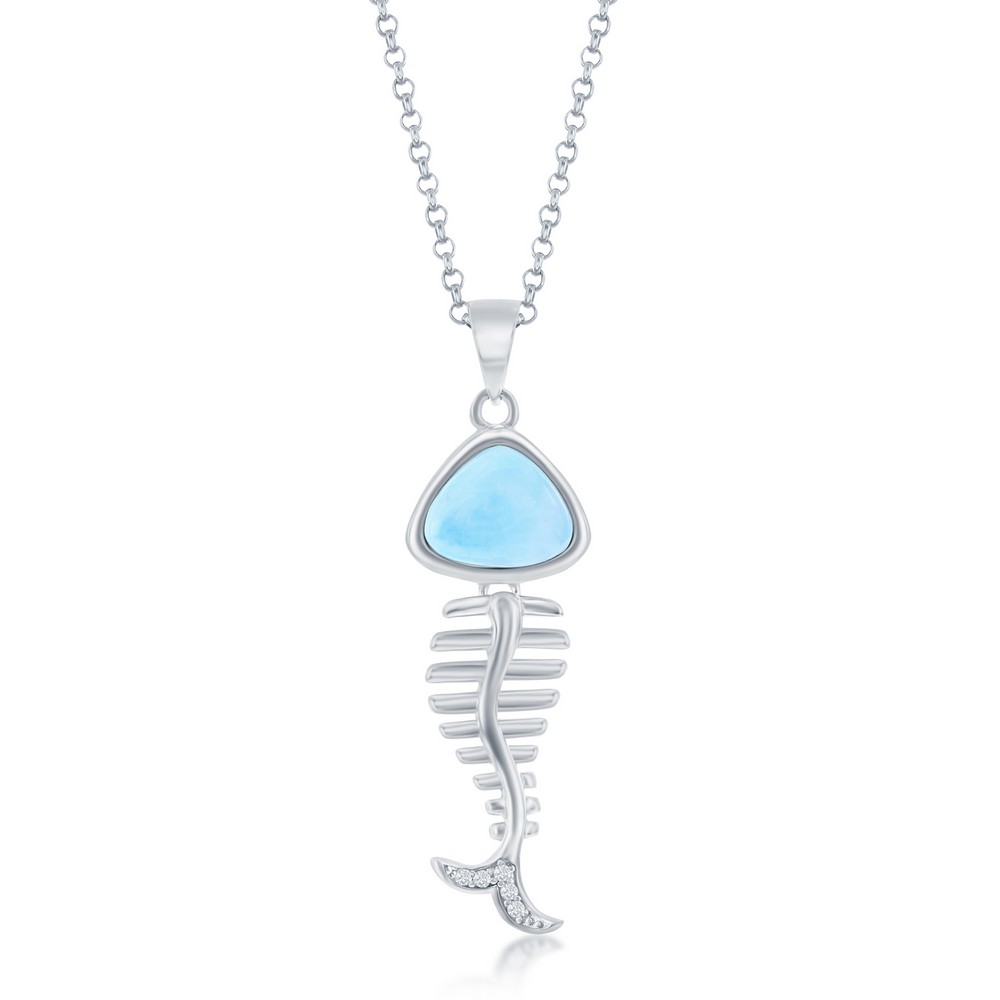 Sterling Silver, Larimar and CZ Fish Skeleton Pendant