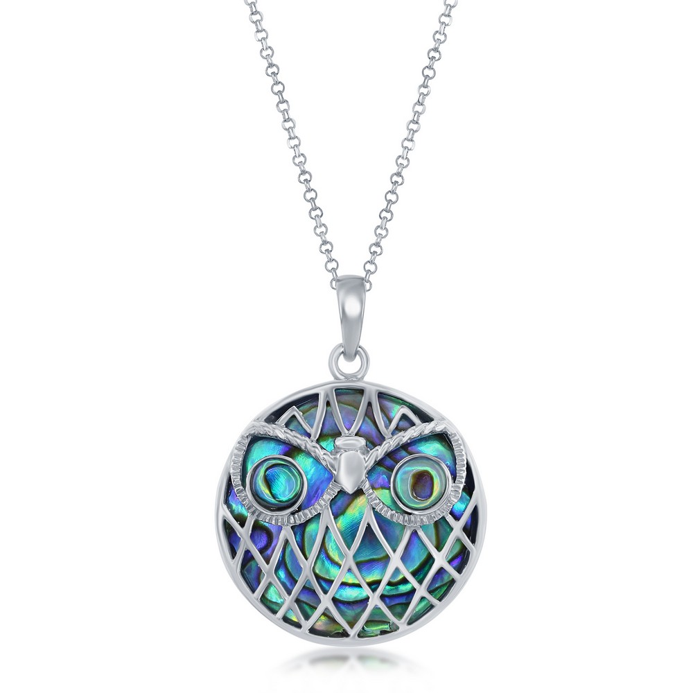Sterling Silver Abalone Round Owl Pendant w/Chain