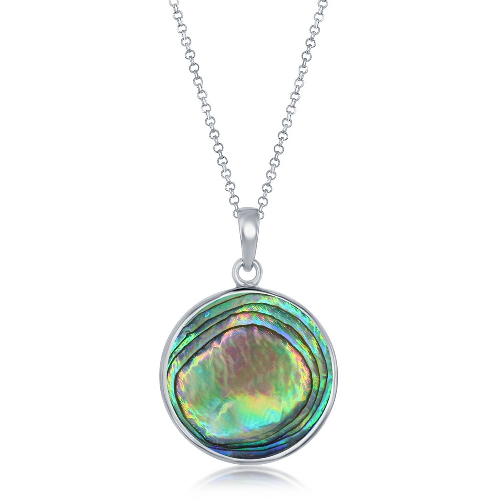 Sterling Silver Abalone Round Owl Pendant w/Chain