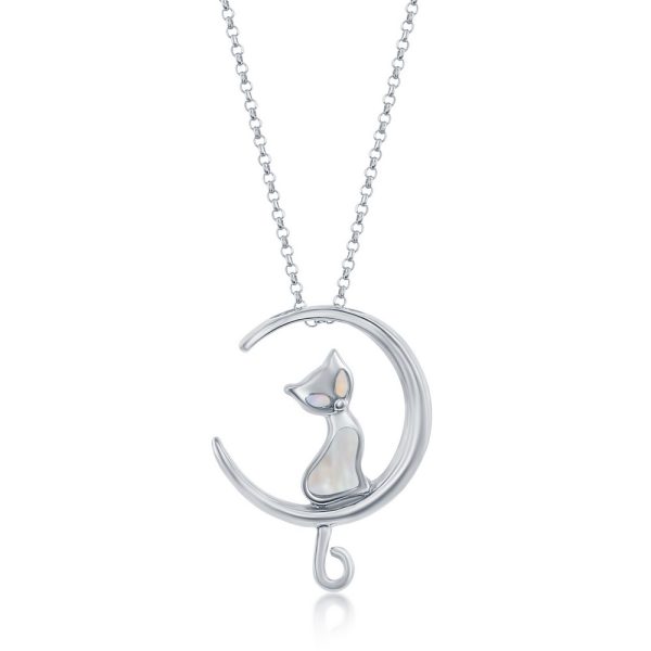 Sterling Silver, Mother of Pearl Cat on Moon Pendant