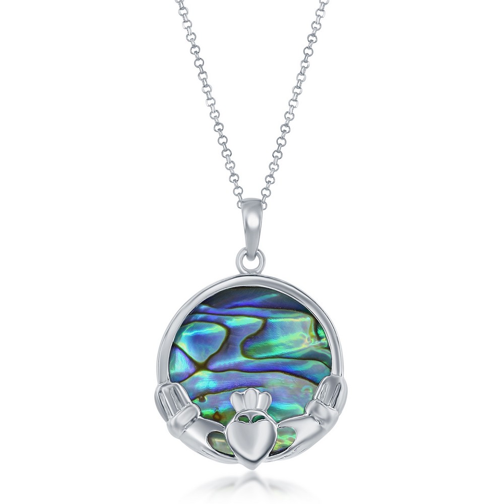 Sterling Silver Round Claddagh Pendant w/Chain - Abalone