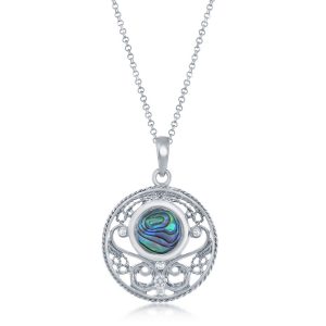 Sterling Silver Shell Designed Round Pendant w/Chain - Abalone