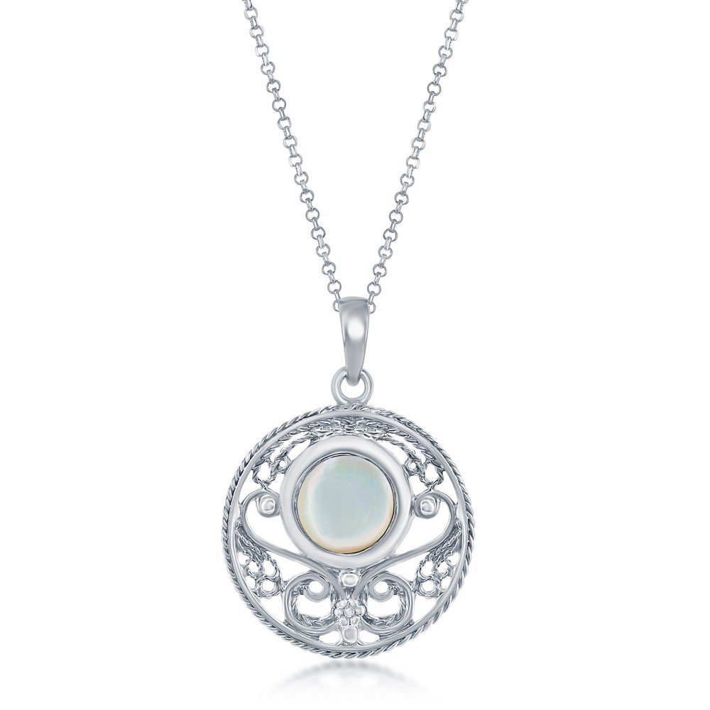 Sterling Silver Designed Round Pendant w/Chain - MOP