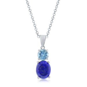 Sterling Silver, Oval Lapis & Round Gem Pendant - Blue Topaz