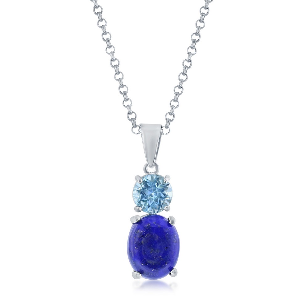 Sterling Silver, Oval Lapis & Round Gem Pendant - Blue Topaz