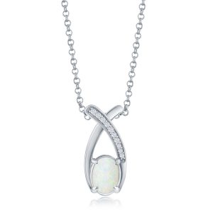 Sterling Silver, Oval White Opal with CZ Pendant
