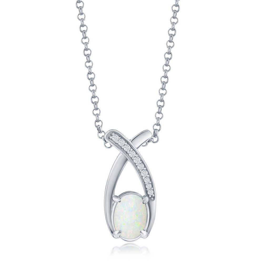 Sterling Silver, Oval White Opal with CZ Pendant