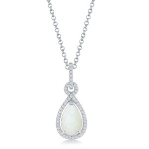 Sterling Silver, White Opal Pearshaped with CZ Border Pendant