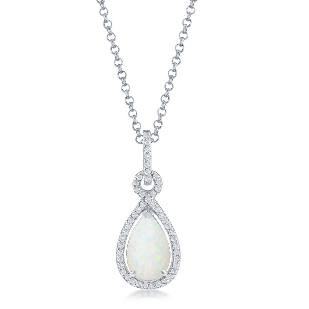 Sterling Silver, White Opal Pearshaped with CZ Border Pendant