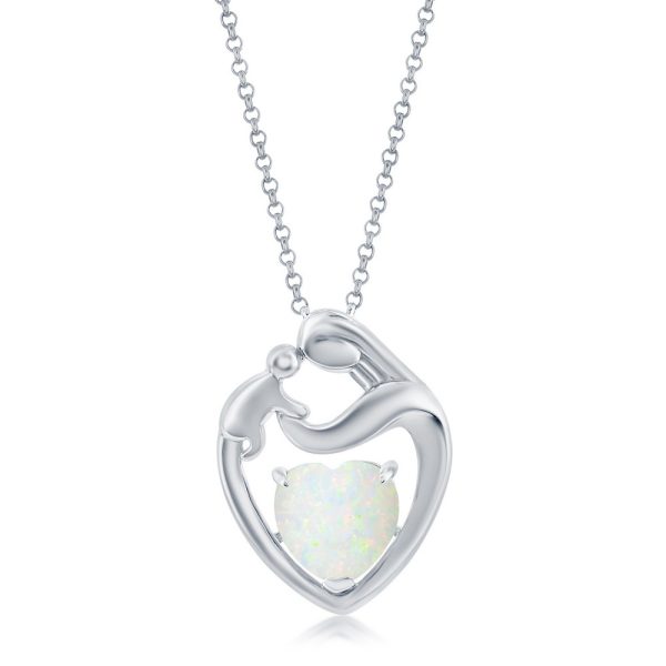 Sterling Silver, White Opal Heart Mother & Child Pendant