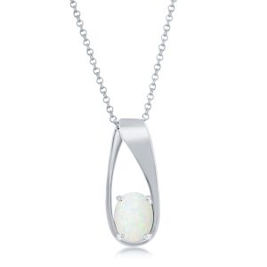 Sterling Silver, Oval White Opal Long Pendant