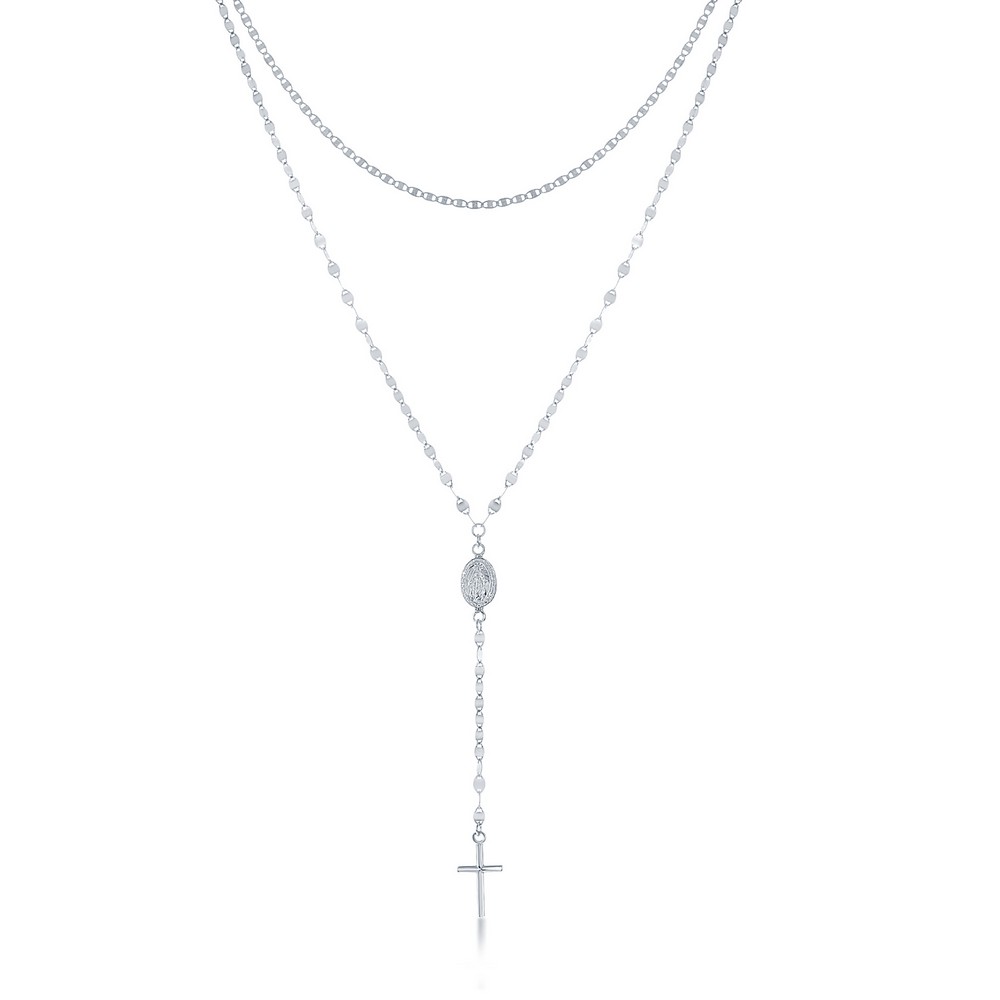 Sterling Silver, Layered Flat Mirror and Mariner Rosary Chain - Rhodium Plated