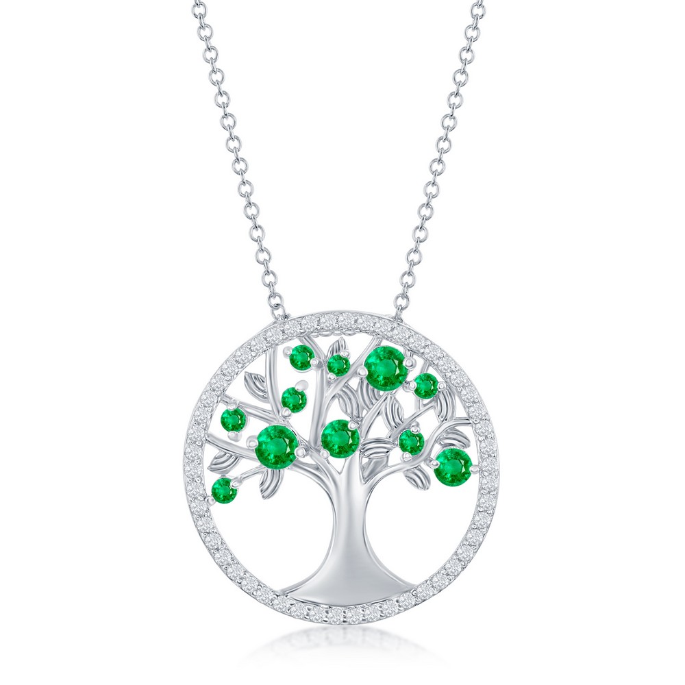Sterling Silver, 'May' Birthstone Tree of Life Necklace - Emerald CZ