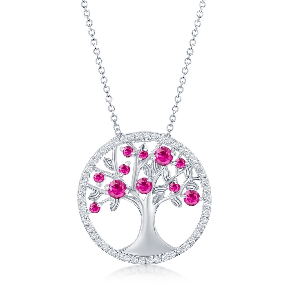 Sterling Silver, 'July' Birthstone Tree of Life Necklace - Ruby CZ
