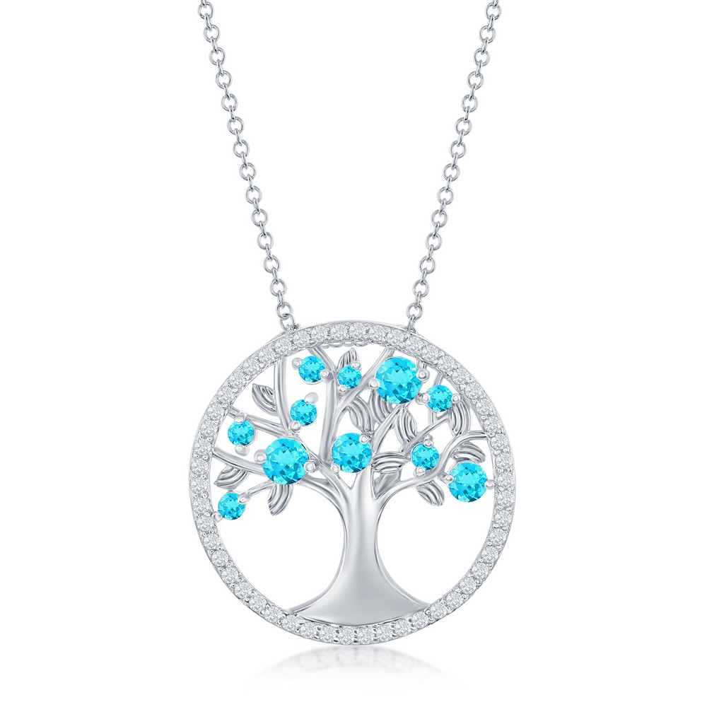 Sterling Silver, 'December' Birthstone Tree of Life Necklace - Blue Topaz CZ