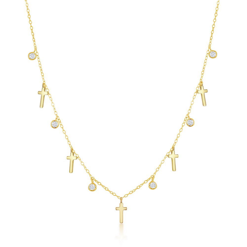 Sterling Silver, Alternating Cross & Bezel-Set CZ Necklace - Gold Plated