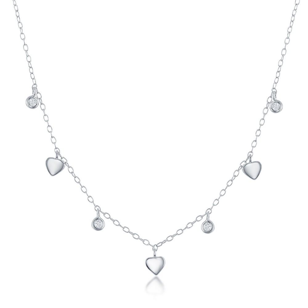 Sterling Silver Alternating Mini Heart & Bezel-Set CZ Necklace
